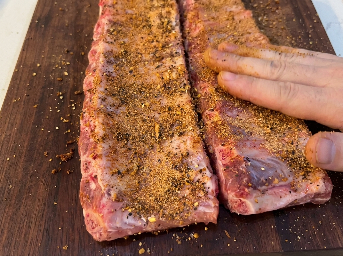 Manos frotando la mezcla de especias oscuras sobre costillas de cerdo crudas en una tabla de madera.
