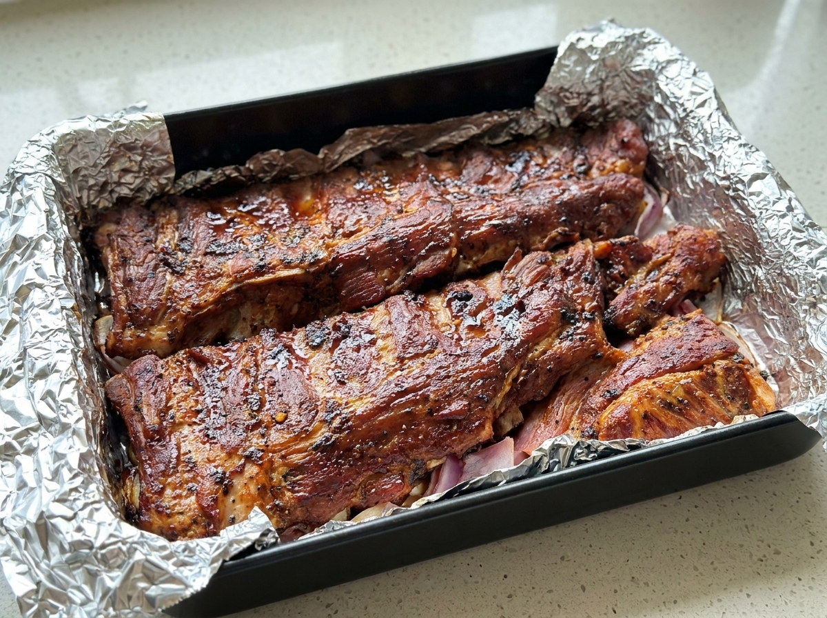 Una bandeja de horno con costillas sazonadas sobre cebollas rojas, siendo cubierta firmemente con papel aluminio.