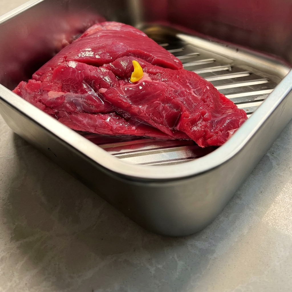 Vista de cerca de un pecho de res crudo en una bandeja de metal con una cucharada de mostaza amarilla esparciéndose por la superficie.