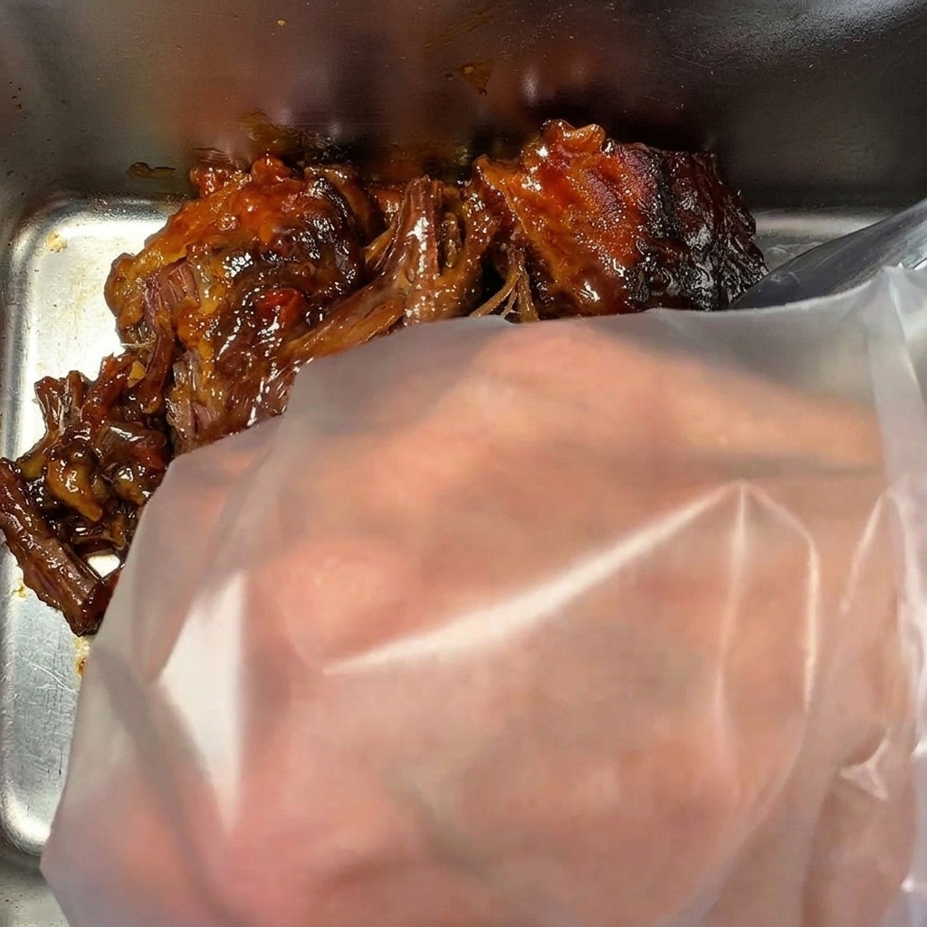 Un primer plano de manos con guantes desmenuzando un trozo grande de pecho de res cocido de color marrón oscuro.
