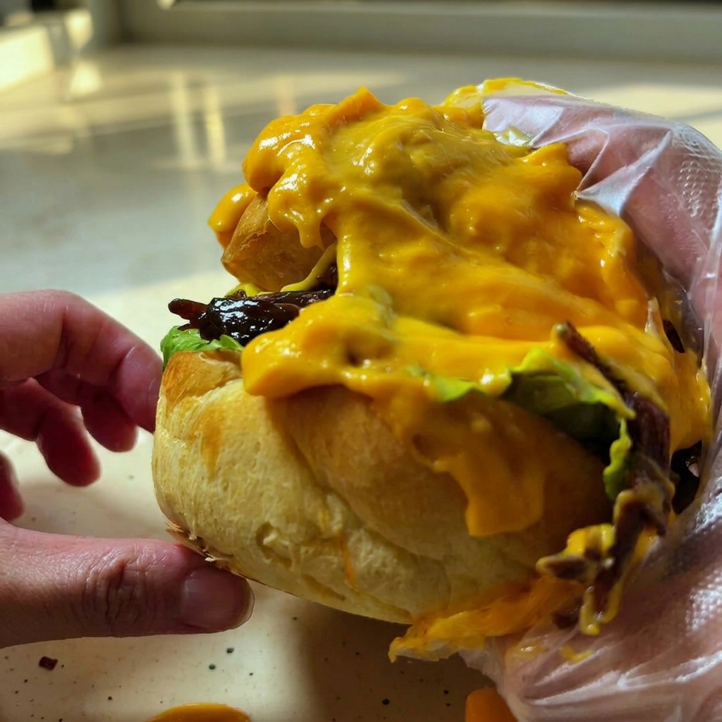 Una salsa de queso amarilla, suave y cremosa burbujeando ligeramente en una sartén mientras se remueve.