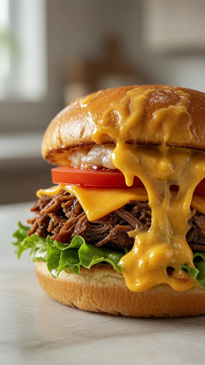 Hamburguesa Gourmet de Carne Desmechada con Cascada de Queso