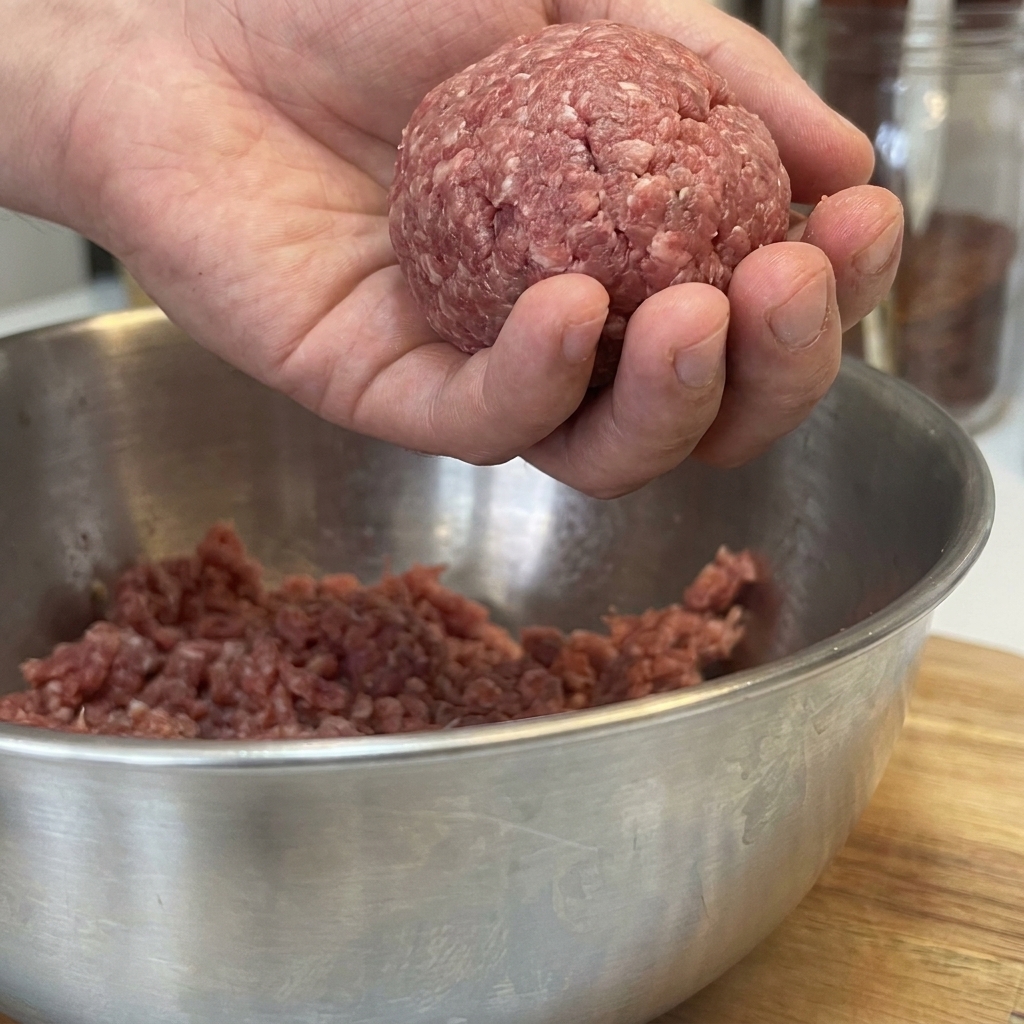 Una bola de 120g de carne picada siendo moldeada entre las palmas de las manos.