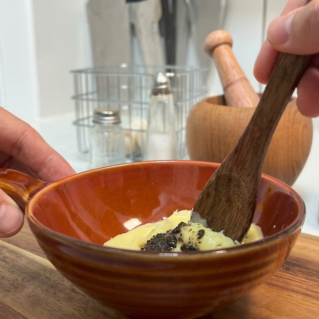 Mayonesa, mostaza y salsa de trufa mezclándose en un pequeño cuenco marrón.
