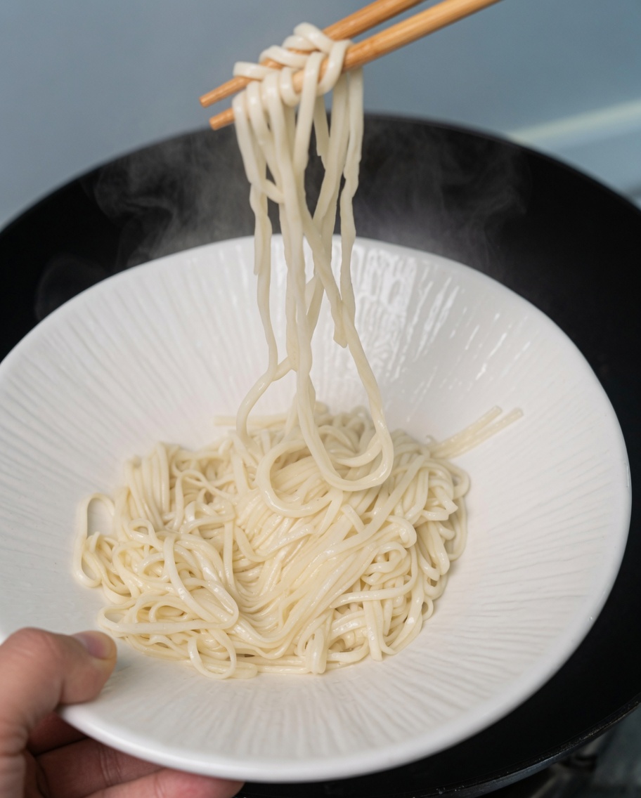 Fideos y verduras cocidas siendo trasladados con palillos a un tazón blanco.
