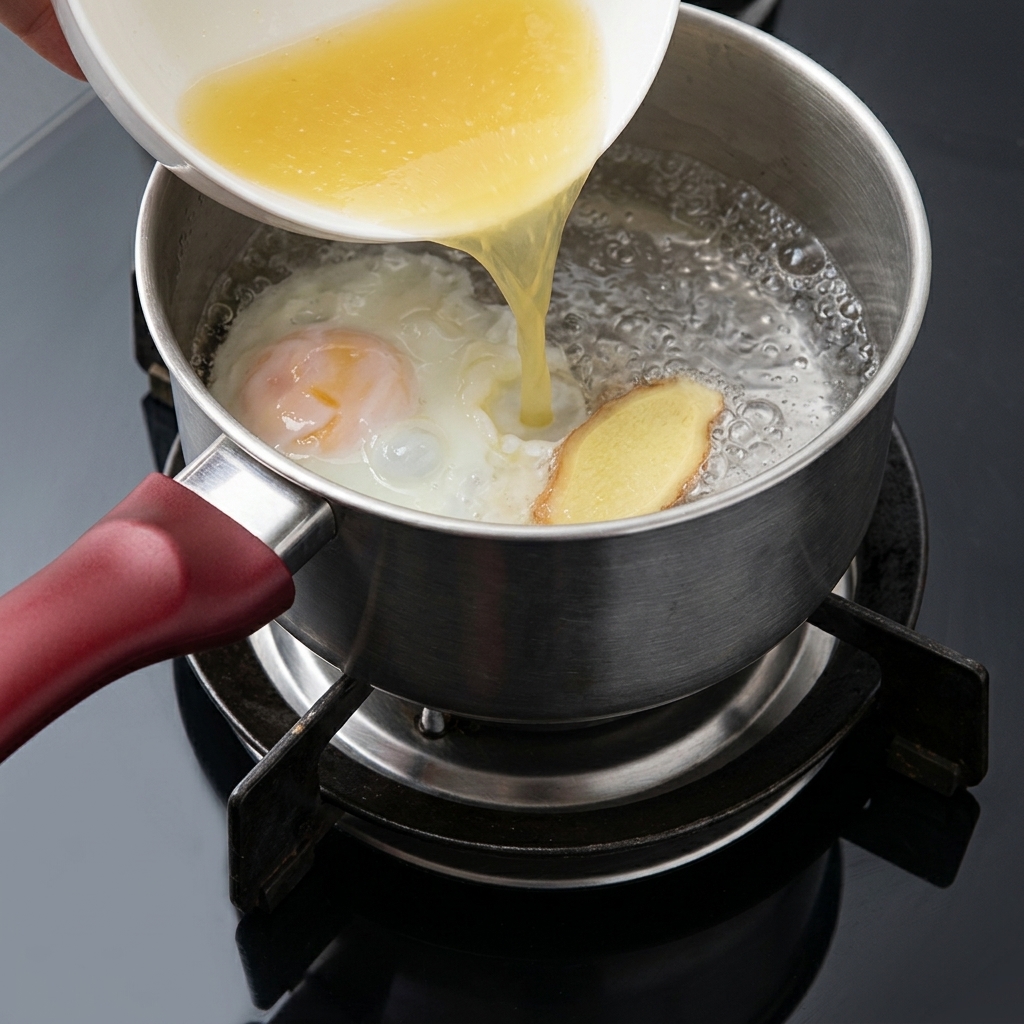 Sopa de pollo sobrante vertiéndose desde un bol a la olla hirviendo con un huevo y una rodaja de jengibre.