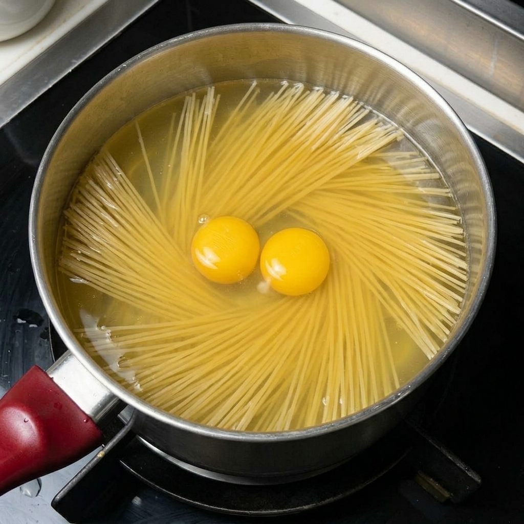 Fideos secos y lonchas de jamón sumergidos en sopa de pollo hirviendo.
