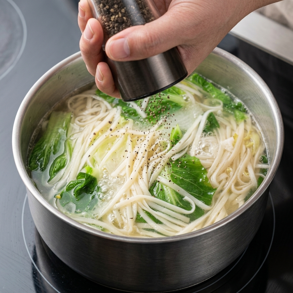 Pimienta negra recién molida cayendo en una olla humeante de sopa de fideos con verduras.