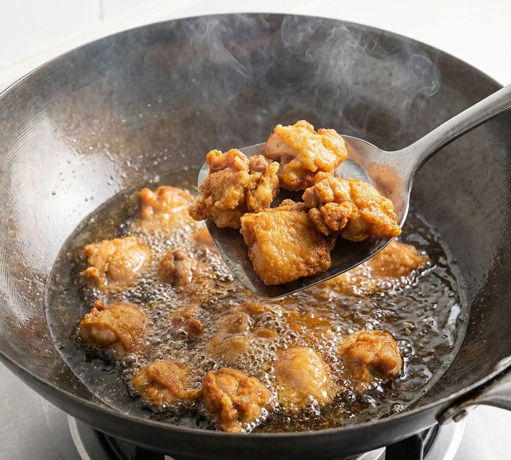 Trozos de pollo sazonados friéndose en un wok caliente con burbujas de aceite visibles alrededor de la carne.