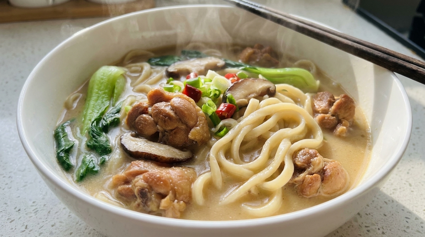 Sopa de Fideos con Muslos de Pollo