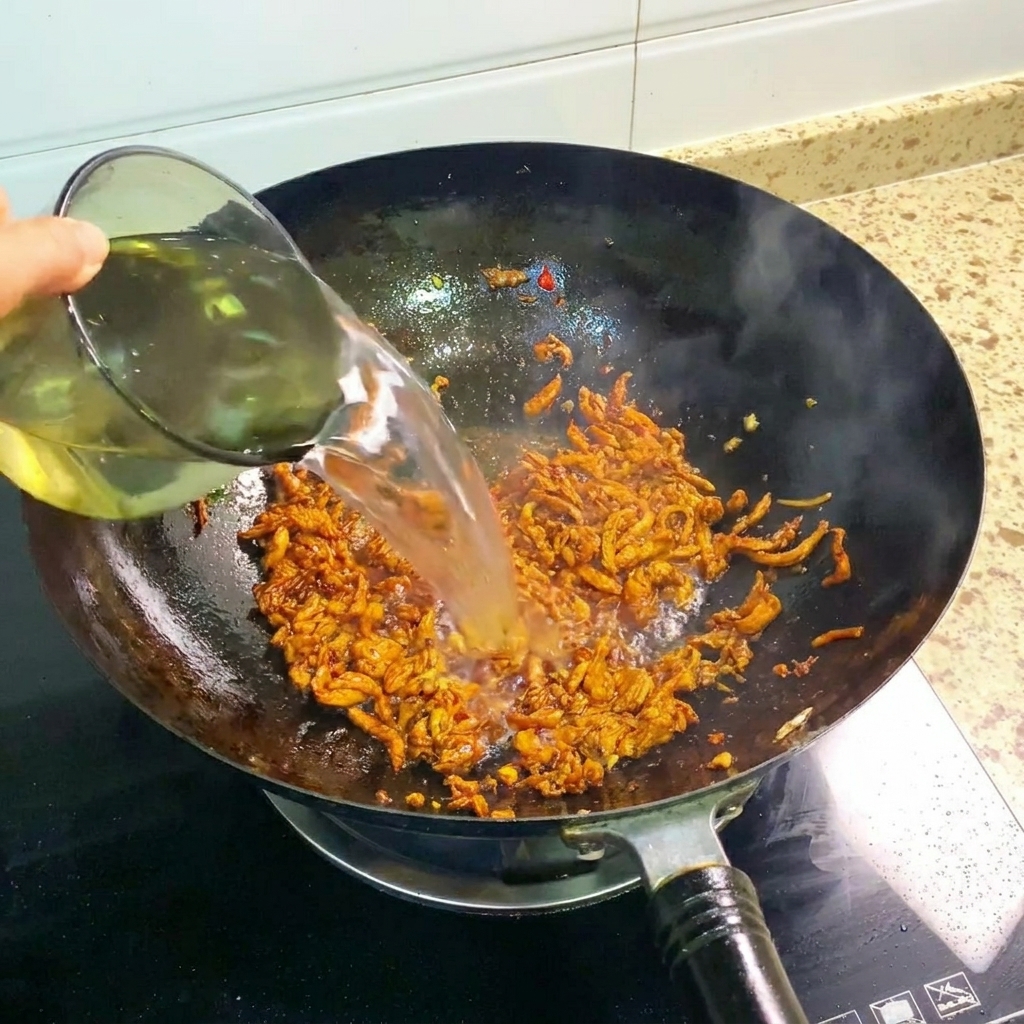 Agua siendo vertida en el wok con la mezcla de pollo sazonada.