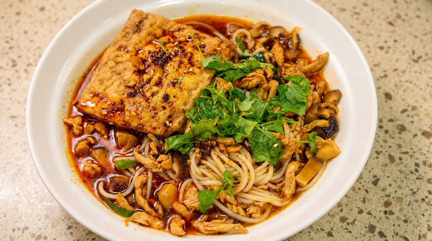 Un bol de fideos picantes de pollo desmenuzado con tofu braseado, cilantro fresco y un toque de aceite de chile aromático.