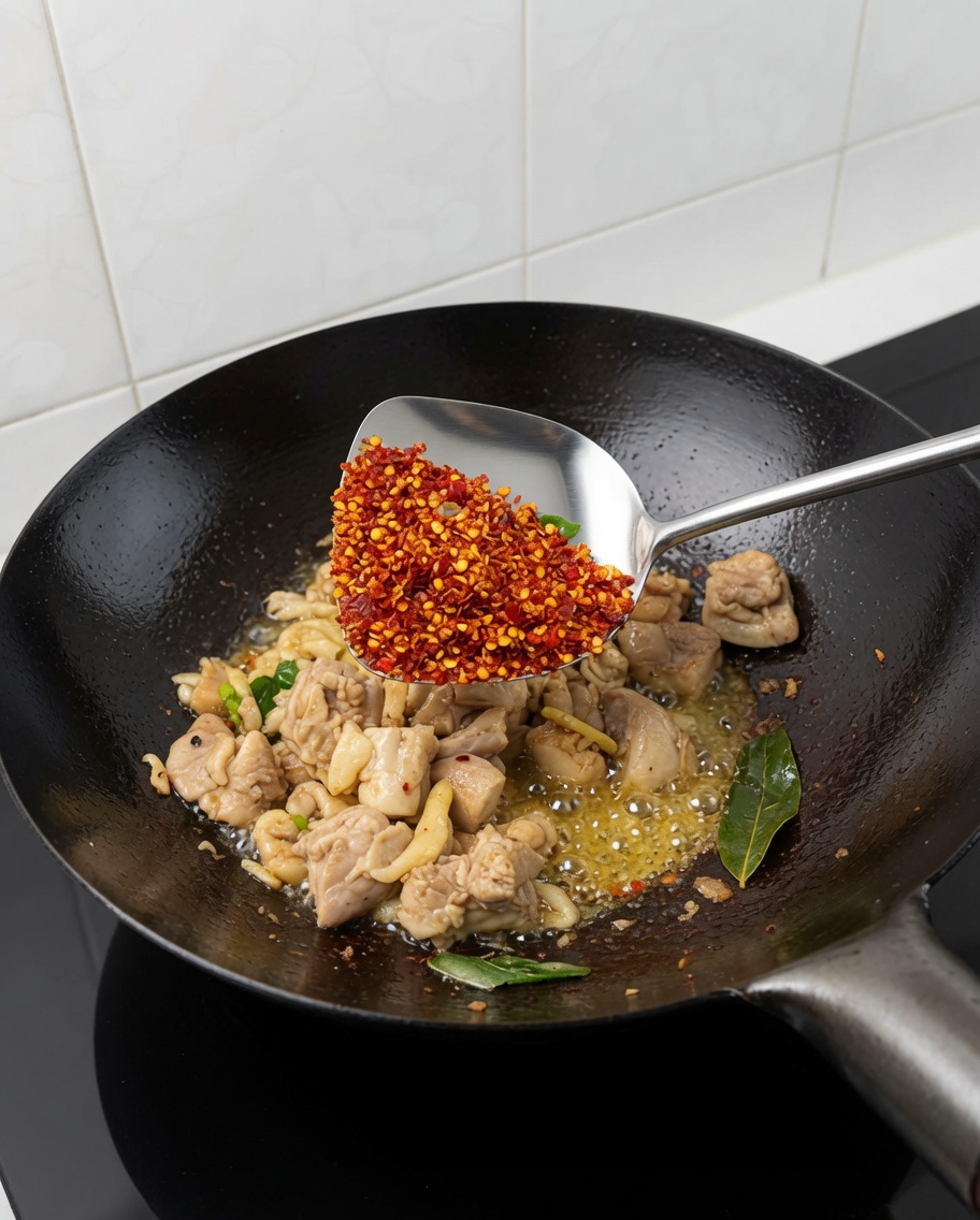 Una espátula de metal sosteniendo chiles rojos triturados sobre un wok con pollo y aromáticos.