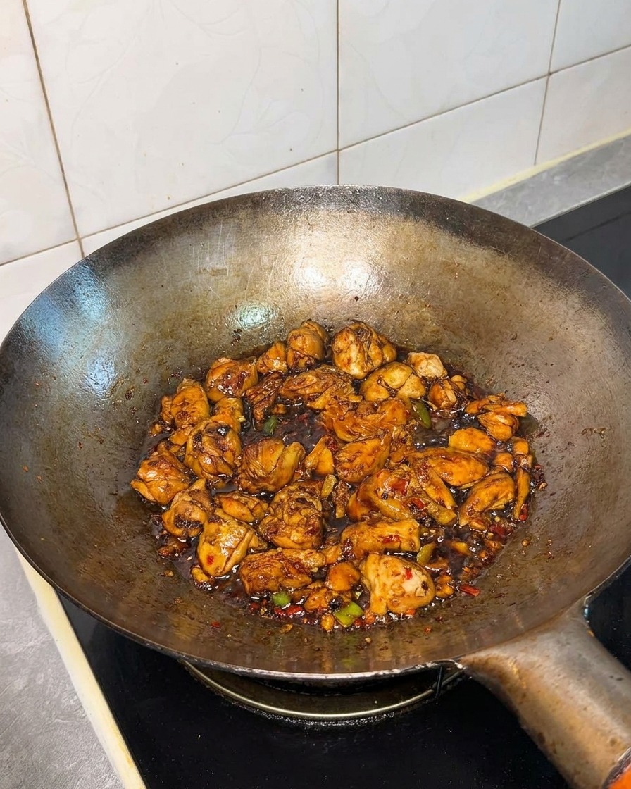La mezcla de pollo y salsa en el wok tras ser sazonada con especias y condimentos.