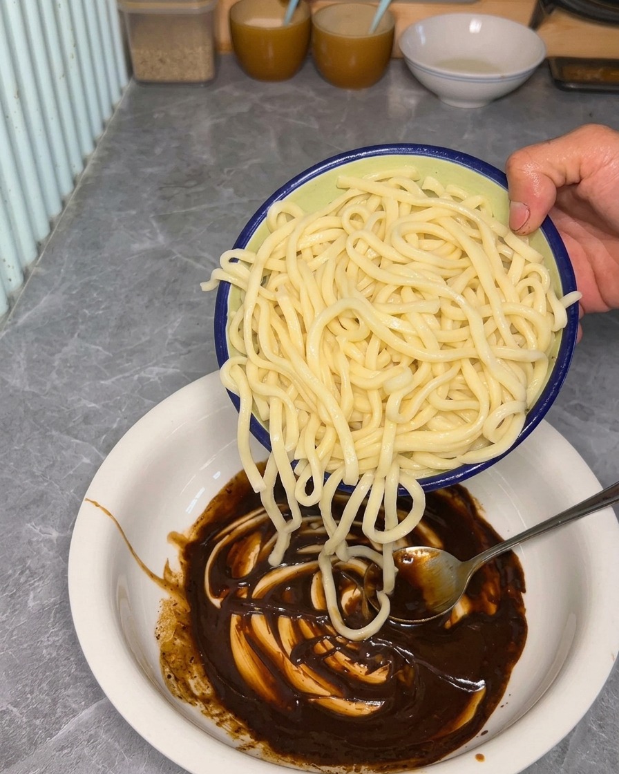 Fideos recién cocidos siendo añadidos a un bol que contiene una base de salsa de sésamo y soja.