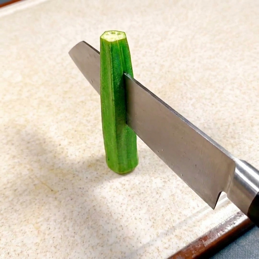 Una sola vaina de okra siendo cortada cuidadosamente a lo largo con un cuchillo de chef sobre una tabla de cortar.