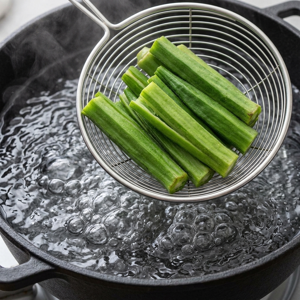 Colador levantando trozos de okra escaldada de una olla con agua hirviendo.