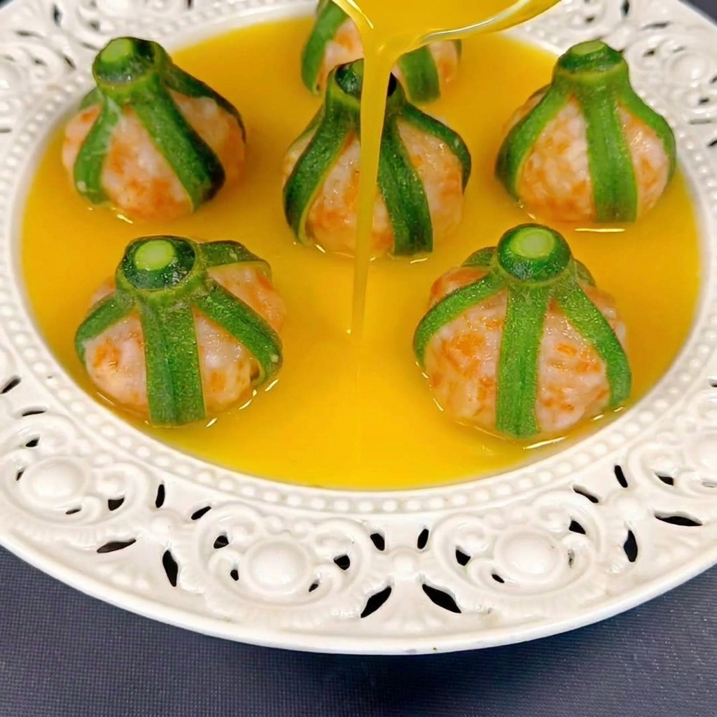 Una suave y espesa salsa dorada siendo vertida desde una pequeña jarra de vidrio sobre las bolas de camarón al vapor envueltas en tiras de okra verde, dispuestas en un plato blanco ornamentado.