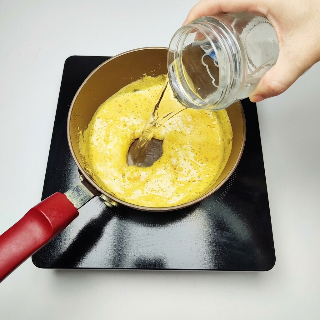 Una mano vertiendo agua de un frasco de vidrio transparente en una olla que contiene una mezcla burbujeante de yema de huevo salada de color amarillo dorado.