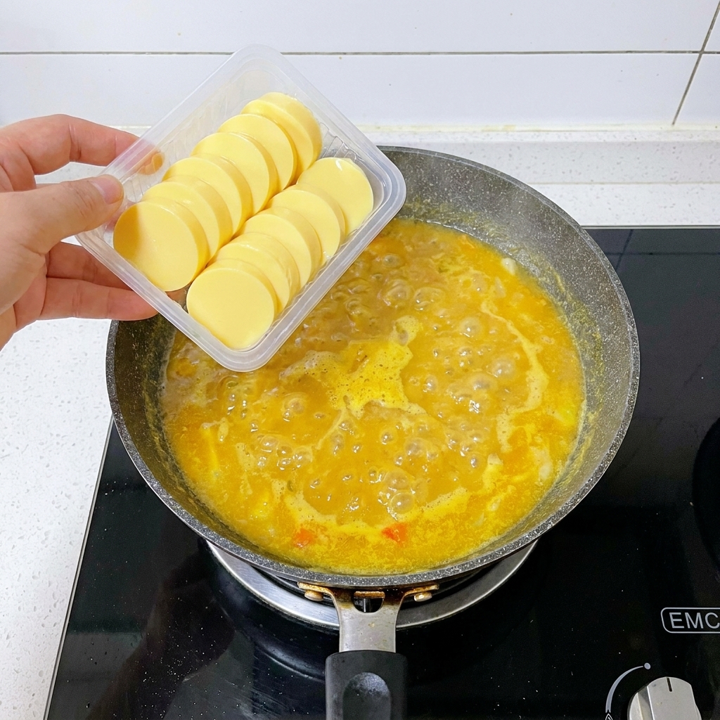 Una mano deslizando con cuidado rodajas redondas de tofu de huevo amarillo desde una bandeja de plástico hacia un caldo dorado burbujeante en la estufa.