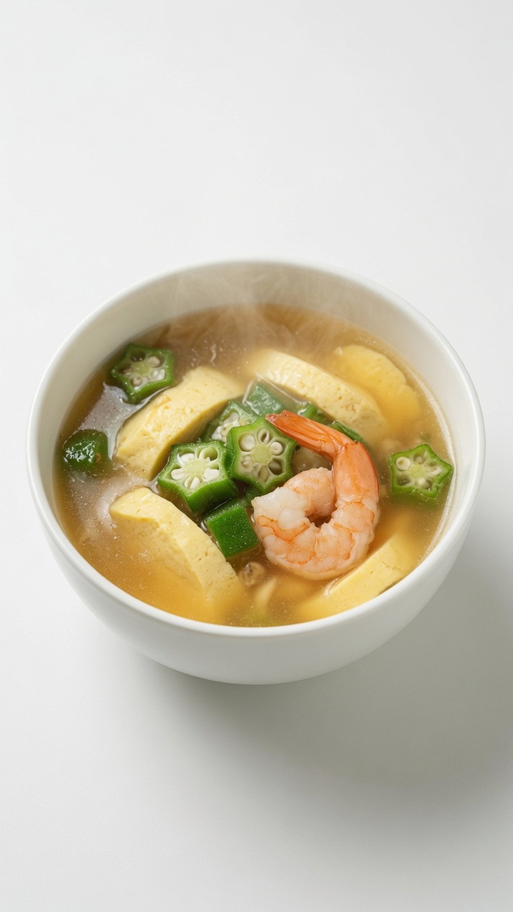 Sopa Dorada de Camarones, Tofu de Huevo y Quimbombó
