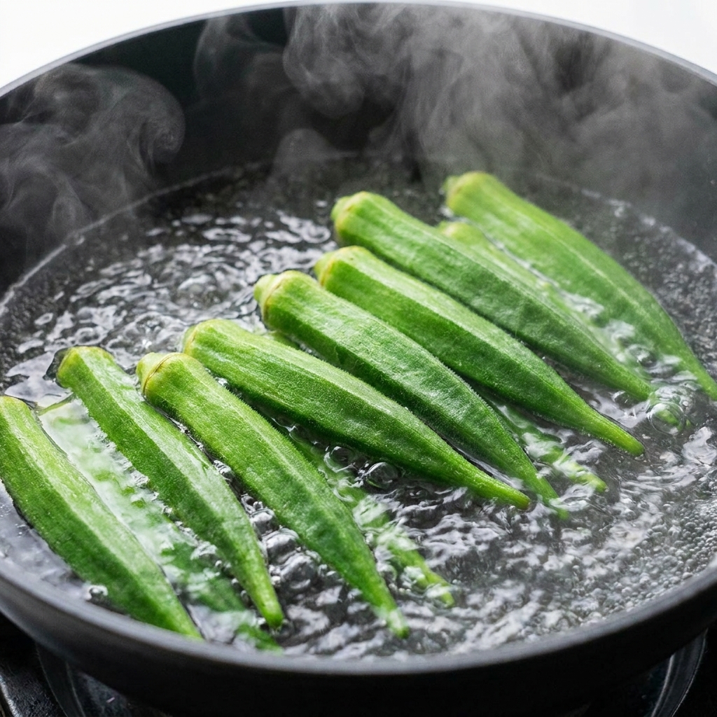 Okra entera blanqueándose en una olla con agua hirviendo.