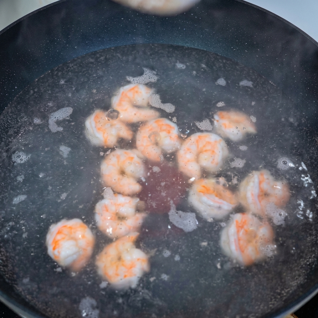 Gambas hirviendo en una olla de agua hasta que están cocidas.