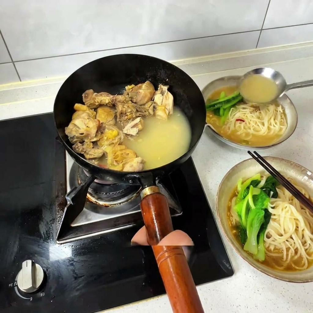 Sirviendo caldo de pollo caliente y trozos de pollo cocido de un wok sobre un cuenco de fideos y verduras.