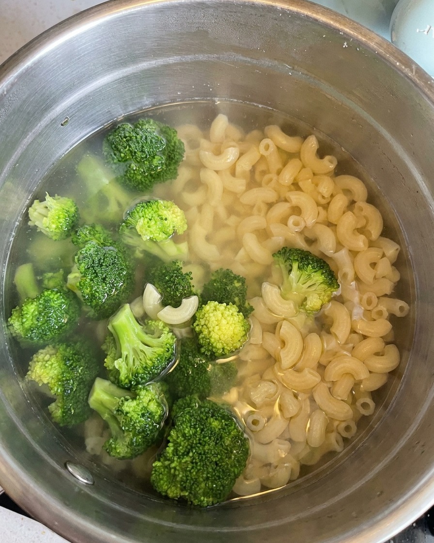 Una espumadera levantando macarrones cocidos y floretes de brócoli de una olla con agua.
