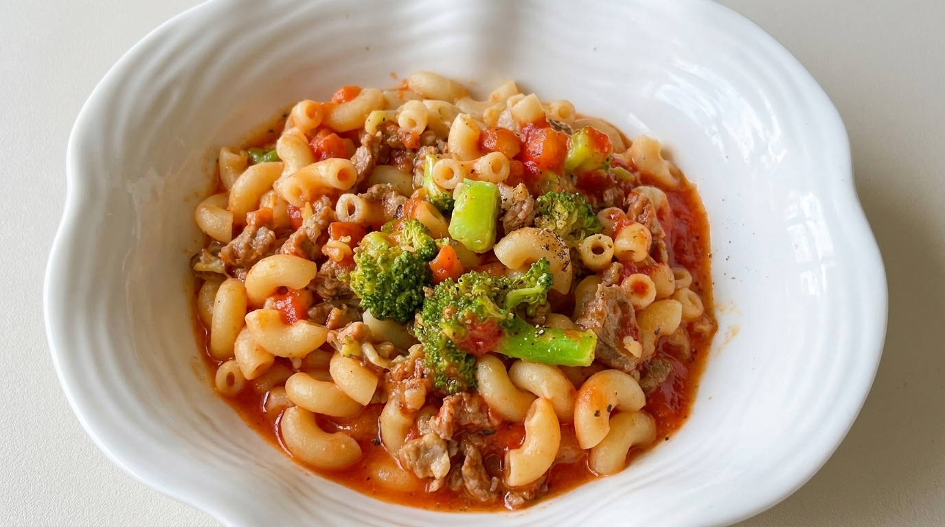 Un plato de reconfortantes macarrones con ternera y brócoli, enriquecidos con floretes de brócoli y una sabrosa salsa de tomate con hierbas.