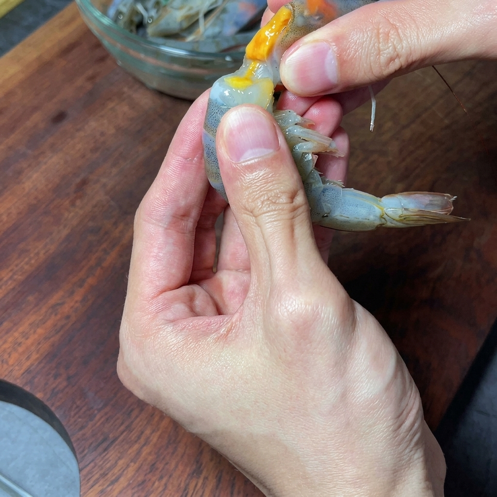 Primer plano de unas manos quitando la vena a un camarón crudo y pelado.