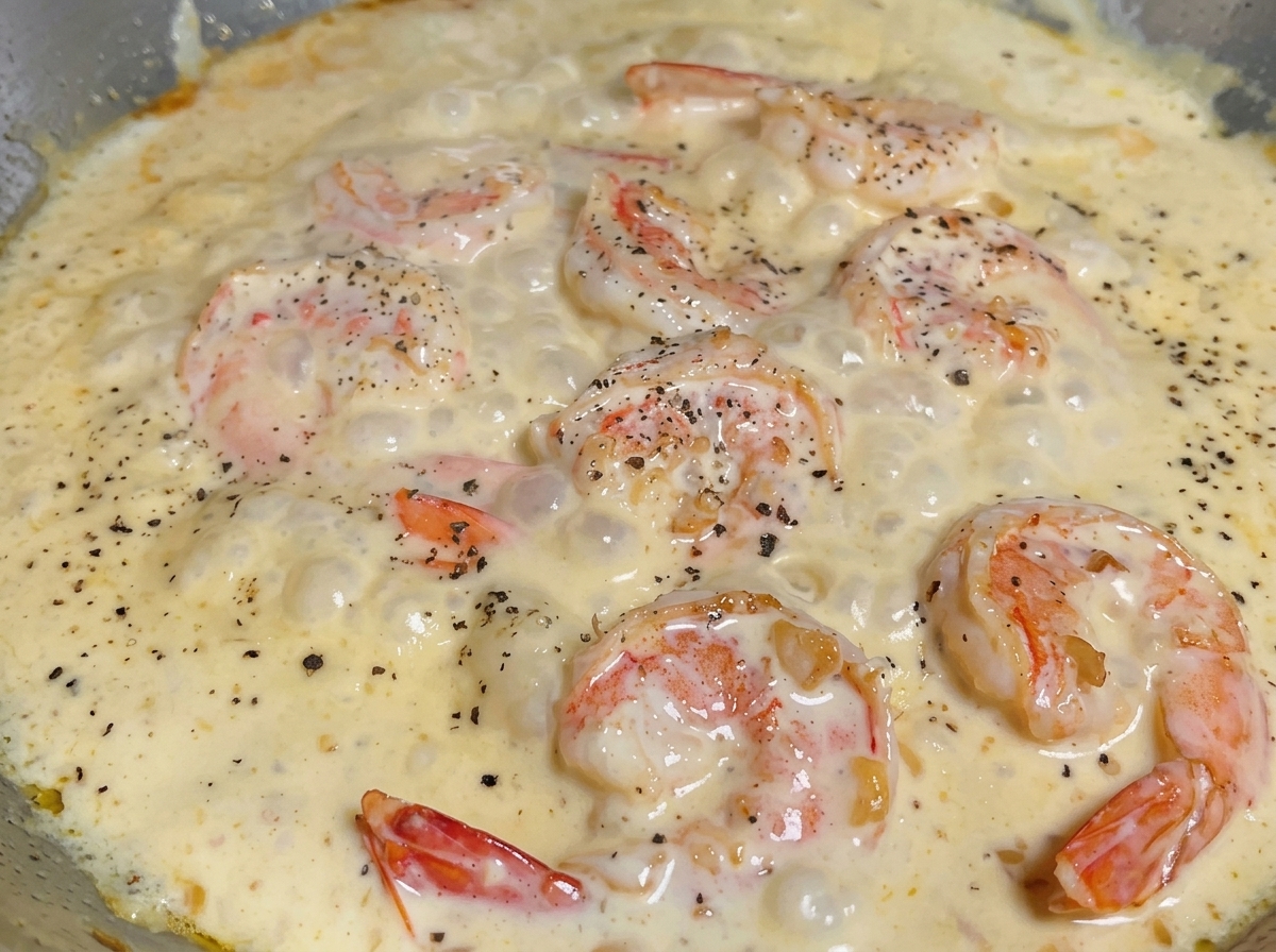 Pasta cocida añadiéndose a una sartén llena de salsa cremosa de camarones y condimentos.