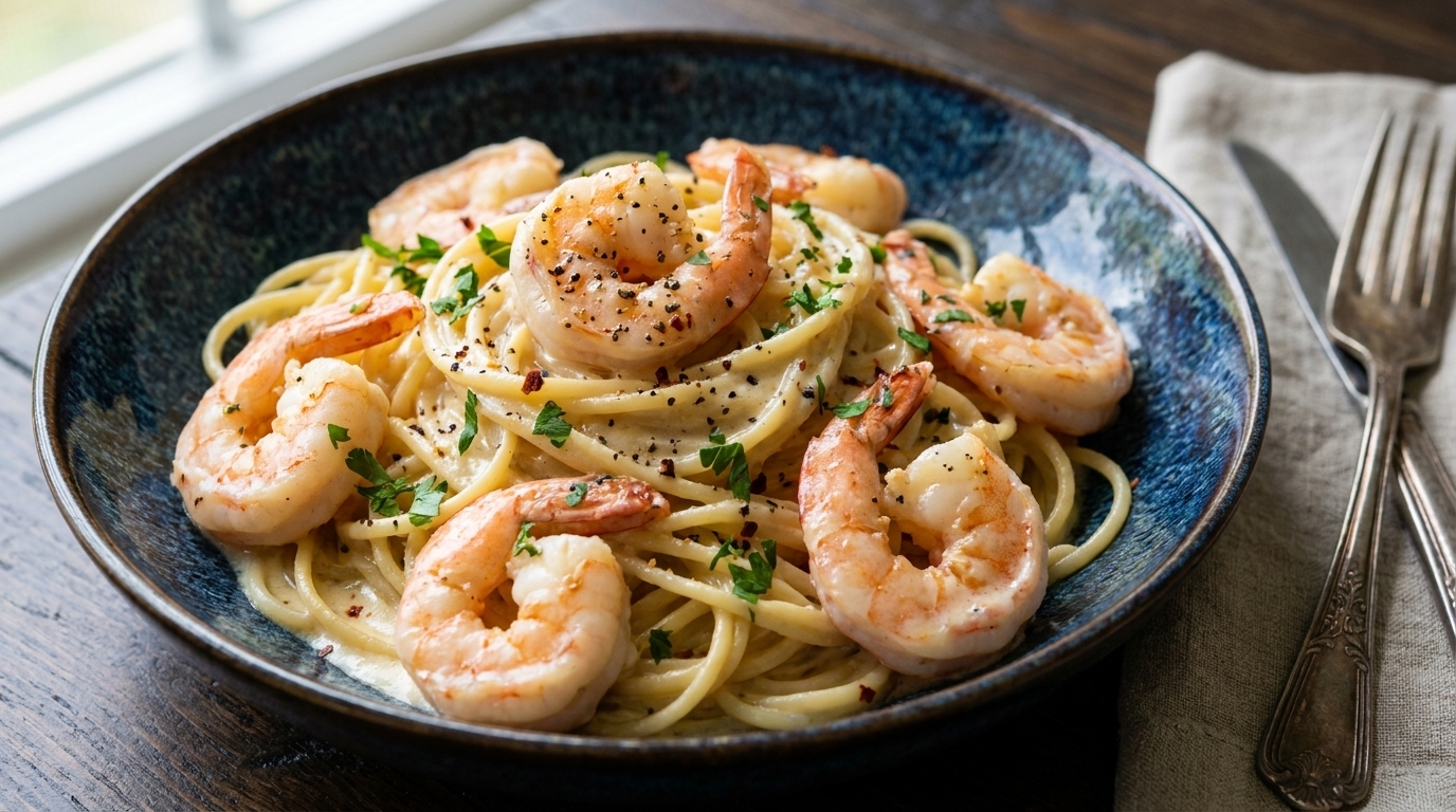 Pasta Cremosa con Camarones al Ajillo