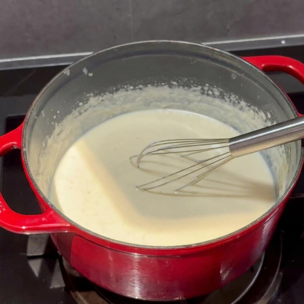 Queso cheddar y parmesano siendo mezclados en la cremosa salsa blanca.
