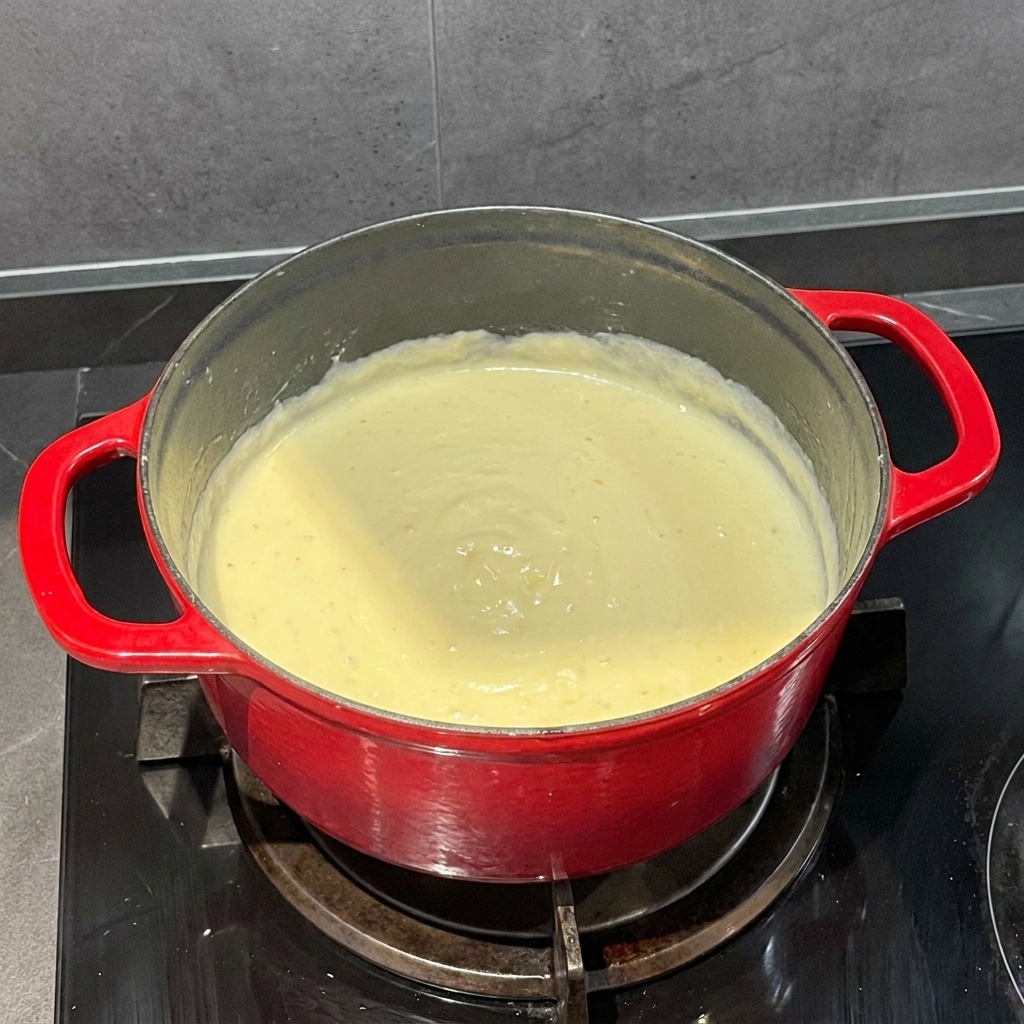 Una salsa de queso suave y cremosa en una olla roja, sazonada con pimienta negra recién molida.