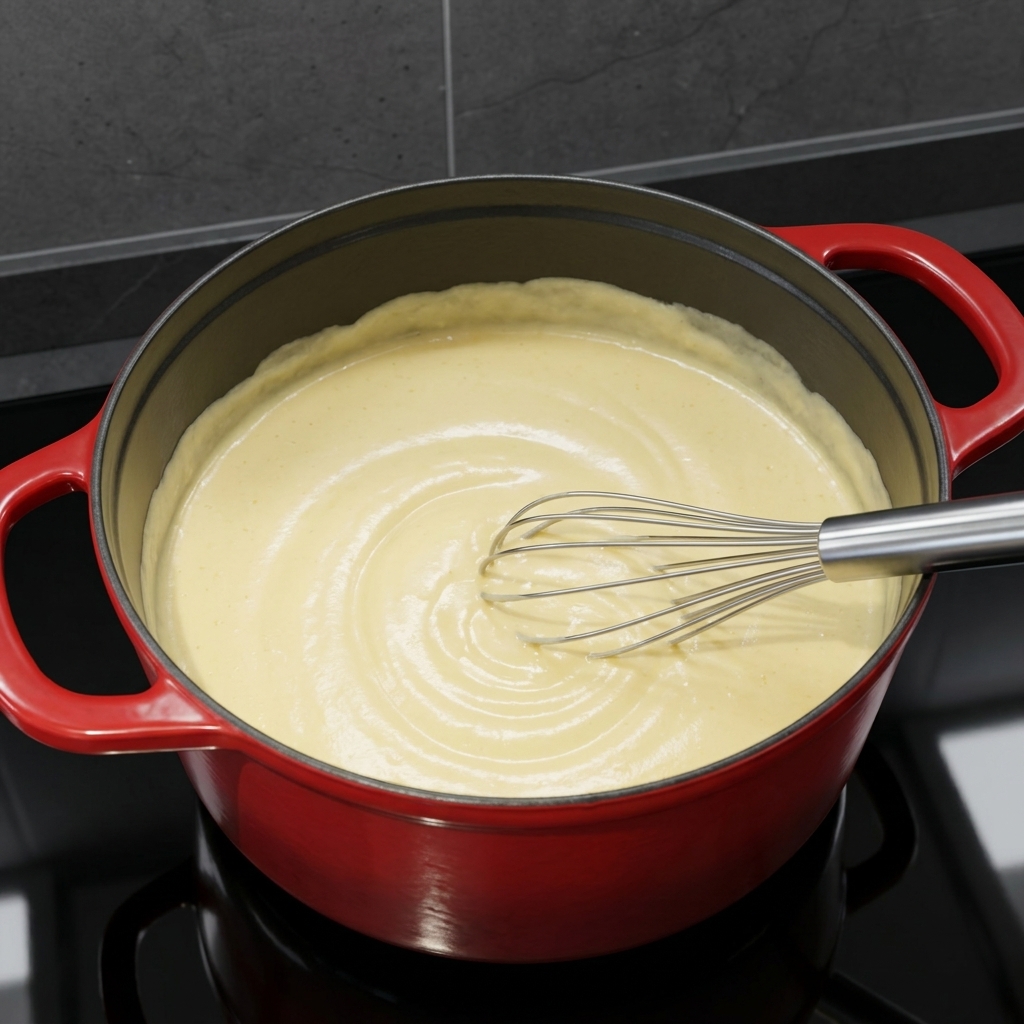 Macarrones cocidos siendo incorporados a una espesa y cremosa salsa de queso dentro de una olla roja.
