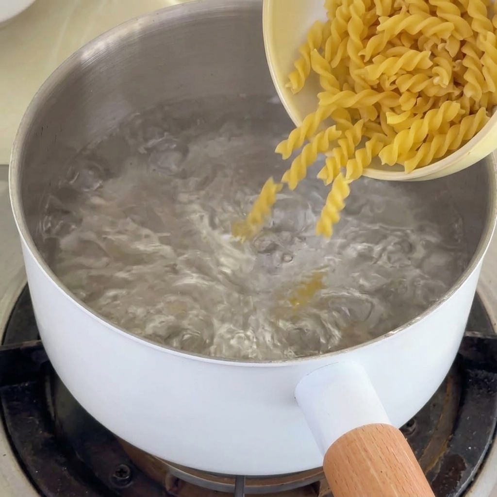 Pasta fusilli cruda siendo añadida a una olla con agua hirviendo.
