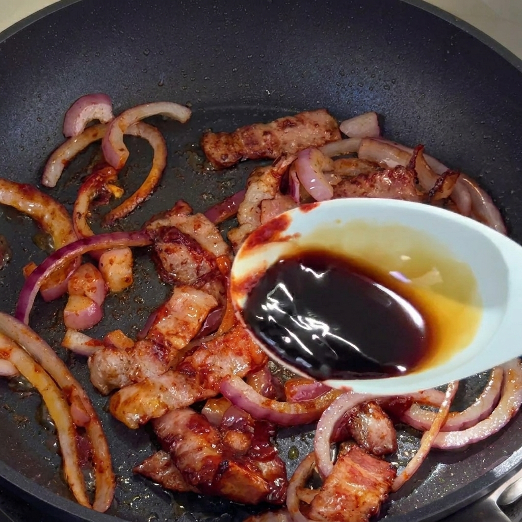 Salsa de soja siendo vertida de una cuchara en la sartén con bacon y cebolla.