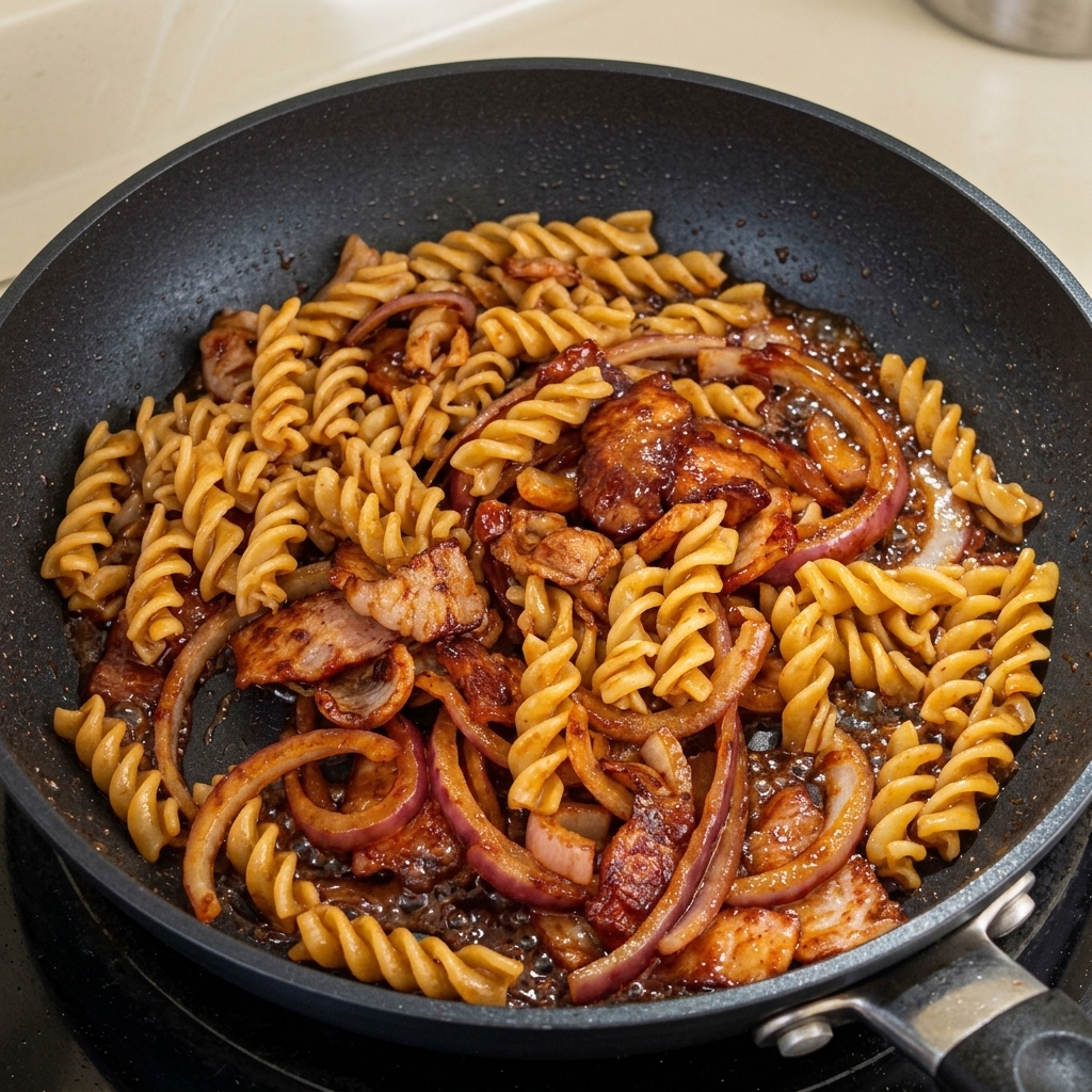 Fusilli cocidos siendo añadidos a la sartén con el bacon y la cebolla.