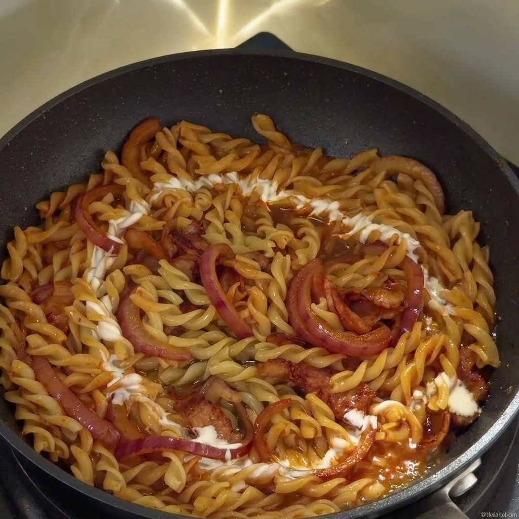 Nata siendo vertida en movimiento circular sobre la pasta en la sartén.