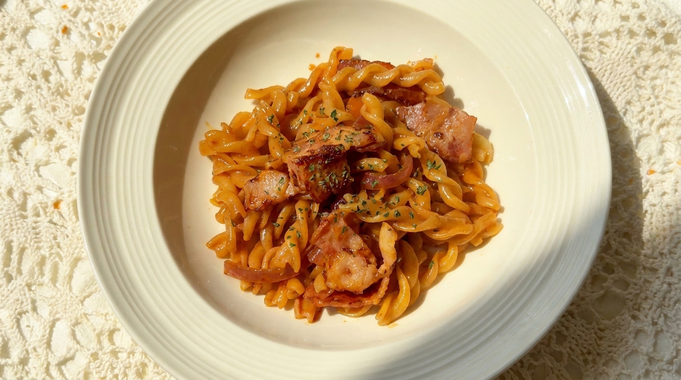 Fusilli a la Crema con Bacon y Gochujang