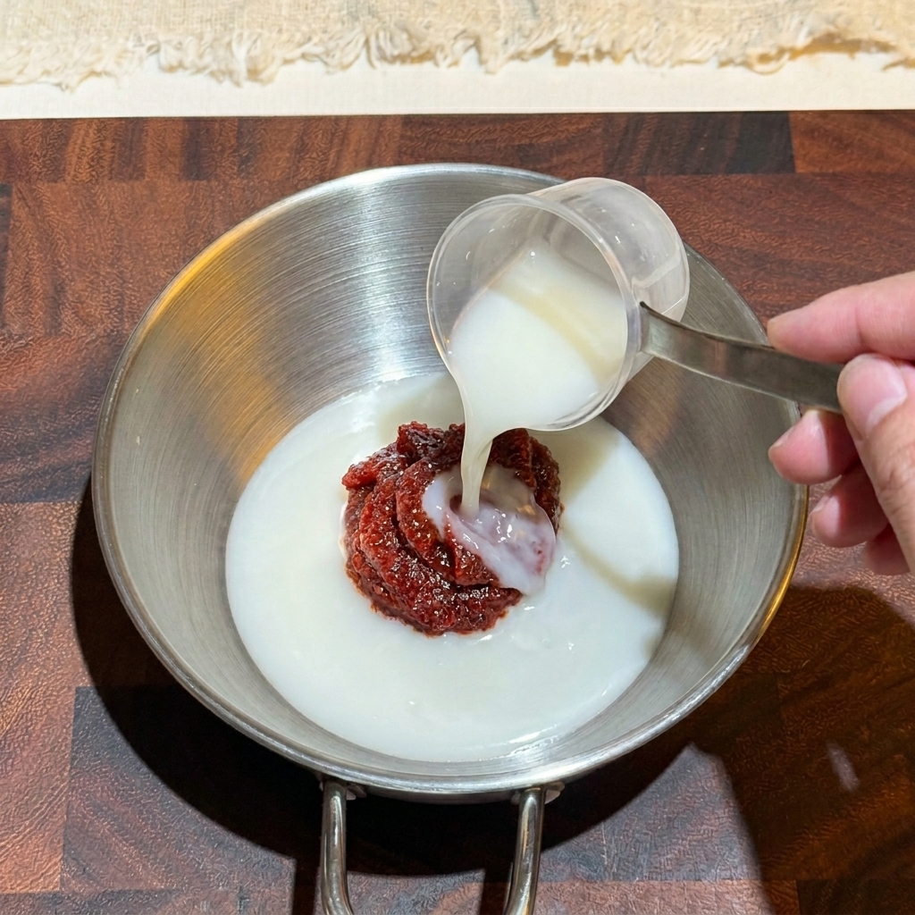 Una mano vertiendo condimento líquido blanco sobre una porción de pasta picante coreana de color rojo oscuro en un pequeño bol de metal.