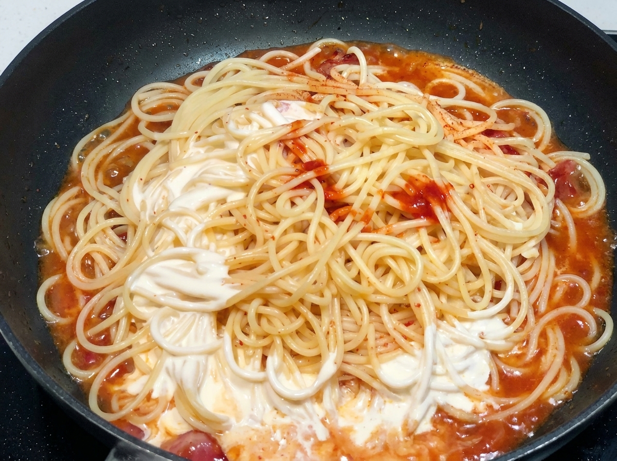 Espaguetis en una sartén cubiertos con una mezcla de salsa picante roja y crema blanca.