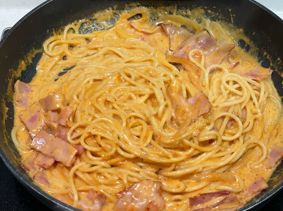Espaguetis siendo removidos con palillos en una sartén hasta quedar completamente cubiertos por una salsa cremosa de color naranja.