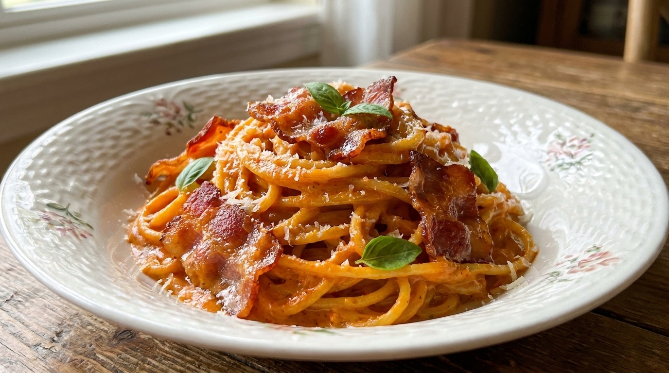 Pasta cremosa y picante con bacon al estilo de Seúl
