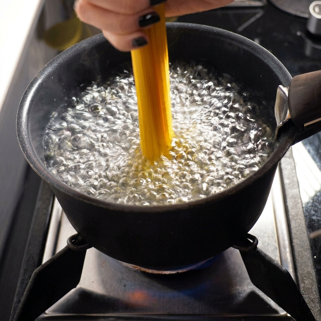 Una mano introduciendo espaguetis secos en una olla con agua hirviendo a borbotones.