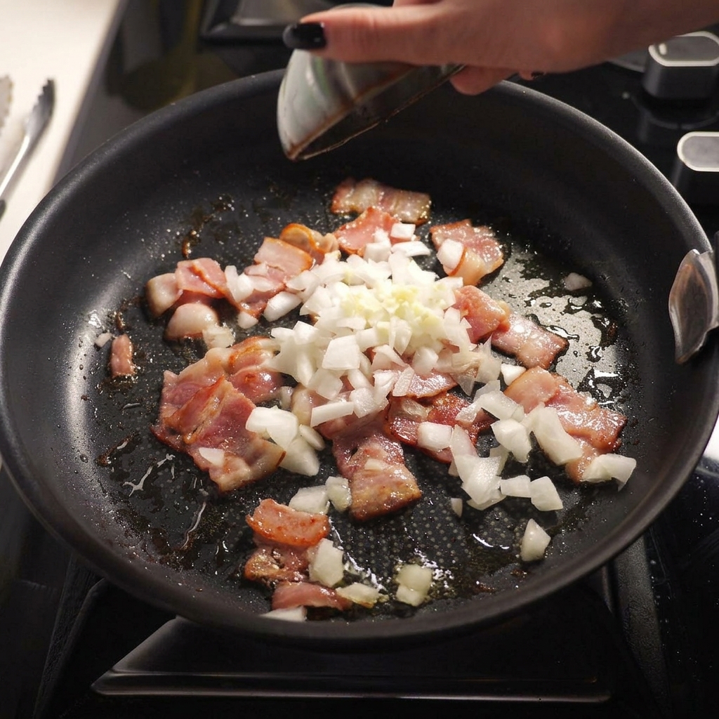 Vertiendo cebolla blanca y ajo picados desde un cuenco pequeño sobre el bacon que se cocina en una sartén.