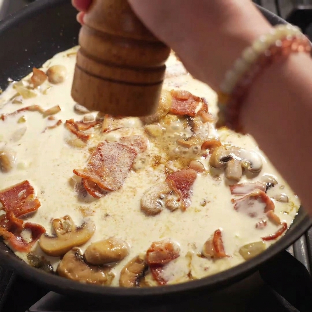 Pimienta negra recién molida cayendo directamente sobre una salsa cremosa con bacon y champiñones en una sartén.