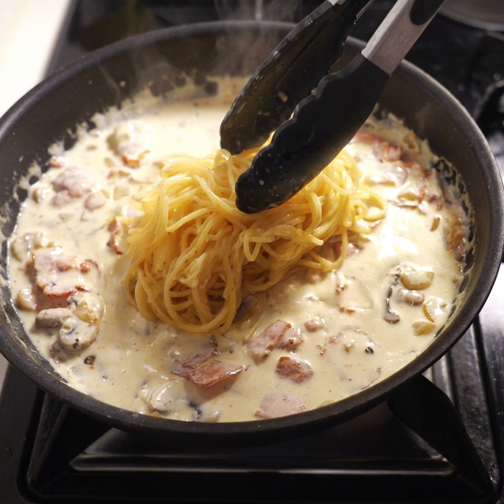 Espaguetis siendo trasladados de una olla a una sartén con salsa cremosa de bacon y champiñones usando unas pinzas de cocina.