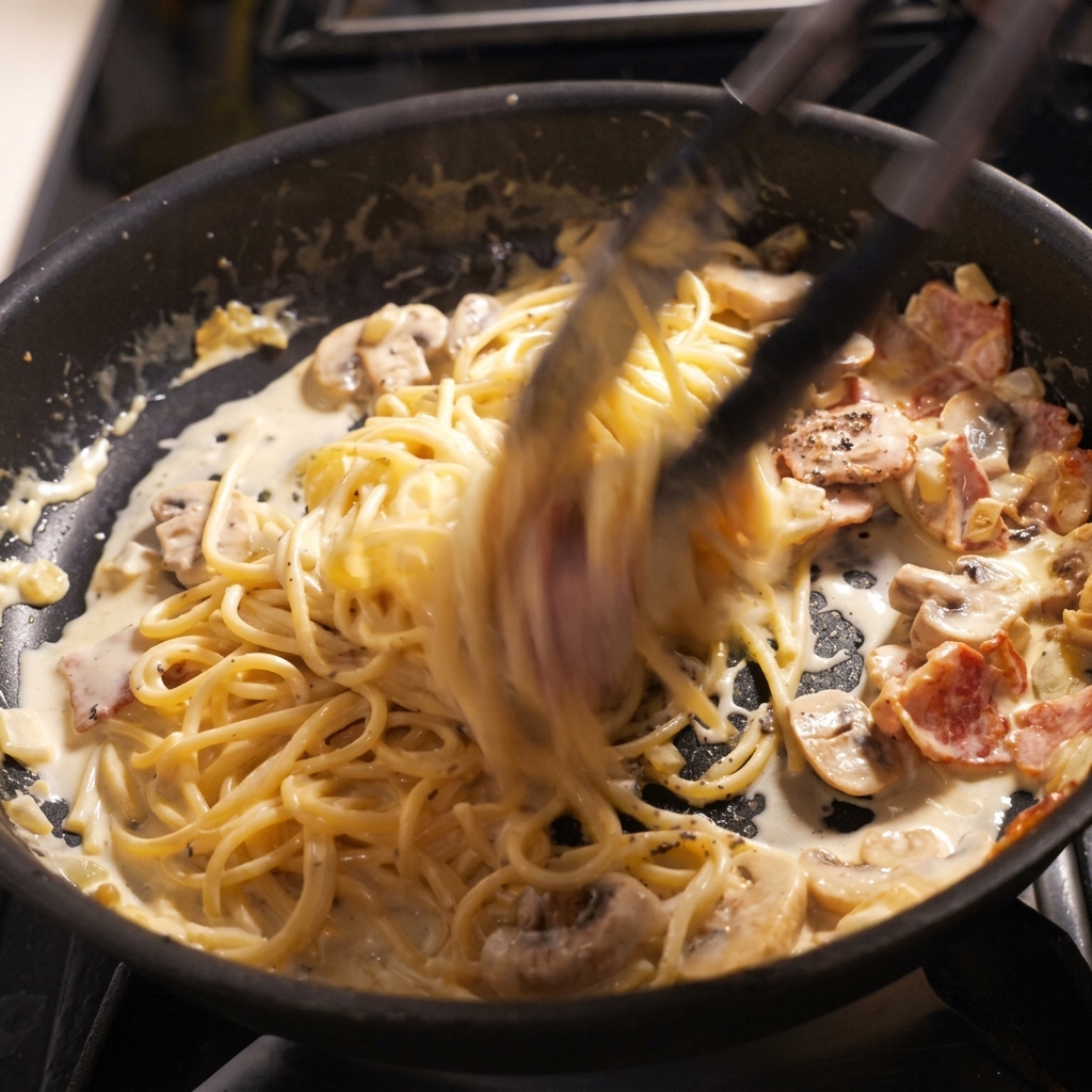 Espaguetis siendo mezclados en una sartén con salsa cremosa, bacon, champiñones y pasta de trufa usando unas pinzas.